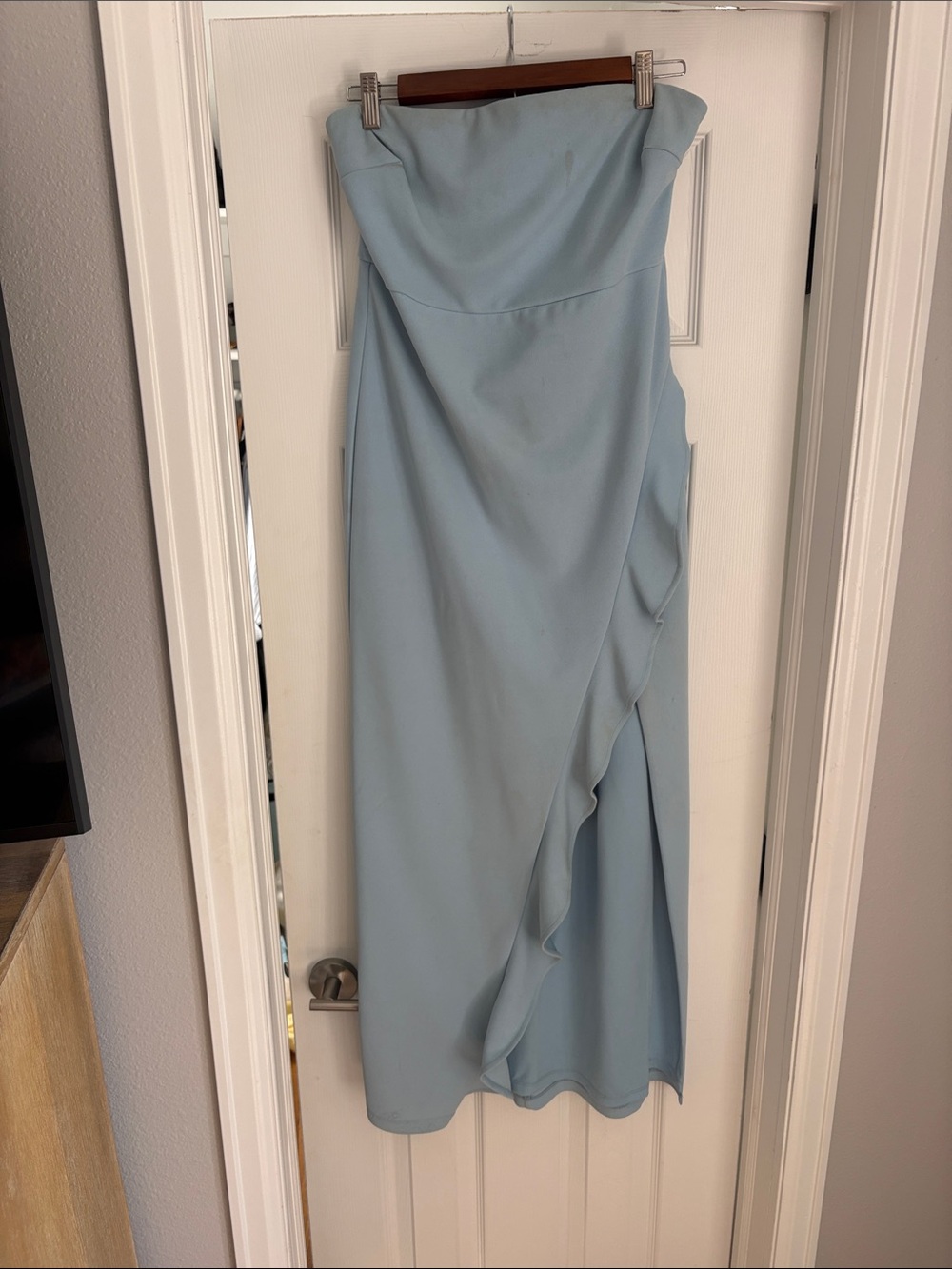 Lulu's Strapless Pastel Blue Ruffle Midi Dress